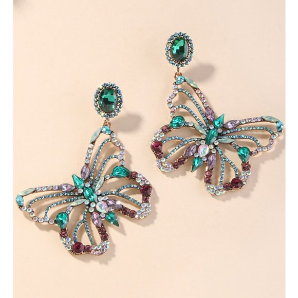 "Fly Girl" Butterfly Rhinestone Dangle Earrings - Picture 2 of 3
